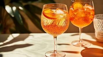 ai generato generativo ai, bicchiere di aperol spritz cocktail su di legno tavolo con sole luci e ombre, estetico ancora vita foto