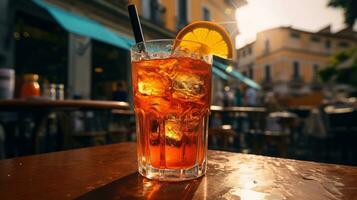 ai generato generativo ai, bicchiere di aperol spritz su di legno tavolo con sfocatura sfondo con luci di strada sbarra, bar o ristorante foto