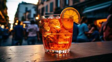 ai generato generativo ai, bicchiere di aperol spritz su di legno tavolo con sfocatura sfondo con luci di strada sbarra, bar o ristorante foto