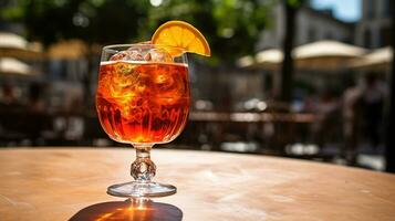 ai generato generativo ai, bicchiere di aperol spritz su di legno tavolo con sfocatura sfondo con luci di strada sbarra, bar o ristorante foto