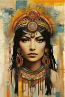 ai generato generativo ai, dipinto azteco donna su rivista collage, tradizionale rituale maschera foto