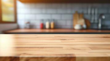 ai generato generativo ai, vuoto di legno tavolo su sfocato moderno cucina sfondo con copia spazio foto