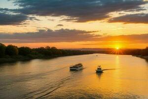 ai generato d'oro ora tramonto su il fiume. professionista foto