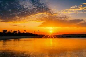 ai generato d'oro ora tramonto su il fiume. professionista foto