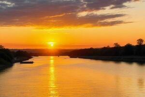 ai generato d'oro ora tramonto su il lago. professionista foto