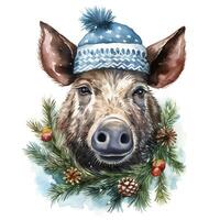 ai generato generativo ai, carino selvaggio cinghiale animale, Natale cappello e brutto maglioni, acquerello stile. foto