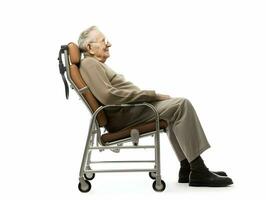ai generato vecchio uomo seduta nel un' Marrone infusione sedia isolato su un' bianca sfondo. alto qualità. ai generativo foto