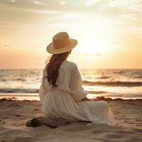 ai generato un' donna si siede su il spiaggia Guardando il oceano, foto