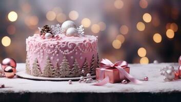 ai generato rosa Natale torta con Natale decorazioni e luci, foto