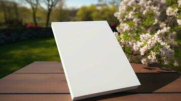 ai generato bloc notes con vuoto davanti, realistico su un' modello modello nel un' di legno tavolo nel un' primavera giardino foto