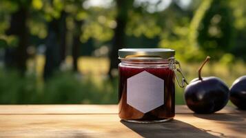 ai generato vaso di prugna marmellata con vuoto davanti realistico su un' modello modello nel un' di legno tavolo nel un' estate giardino con prugna alberi, foto