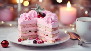 ai generato colorato Natale torta con frustato crema e biscotti foto