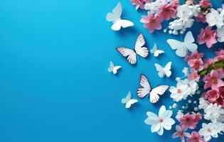 ai generato farfalla con bianca fiori su il blu sfondo, foto