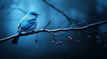 ai generato blu uccello seduta su piccolo ramo nel nevoso notte, foto