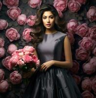 ai generato bellezza deva Shaliva, nel un' grigio vestito nel davanti di rosa fiori, foto