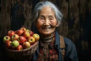ai generato un anziano donna sorridente con un' cestino pieno di mele, foto