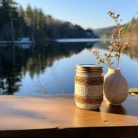 ai generato un' piccolo vaso seduta su un' tavolo vicino un' lago, foto