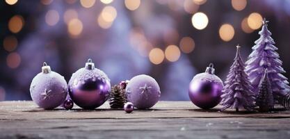 ai generato un' viola Natale albero con viola ornamenti su un' di legno tavolo, foto