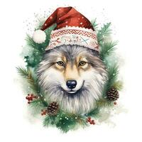 ai generato generativo ai, carino selvaggio lupo animale, Natale cappello e brutto maglioni, acquerello stile. foto