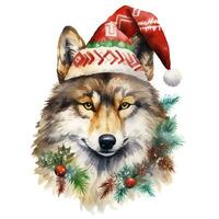 ai generato generativo ai, carino selvaggio lupo animale, Natale cappello e brutto maglioni, acquerello stile. foto