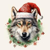 ai generato generativo ai, carino selvaggio lupo animale, Natale cappello e brutto maglioni, acquerello stile. foto