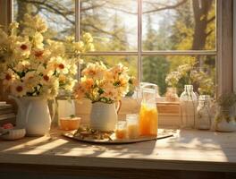 ai generato un' cucina con tavolo e finestra nel il sfondo con fiori, foto