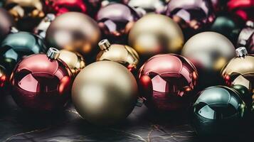 ai generato un' gruppo di colorato Natale ornamenti su un' argento superficie, foto