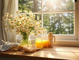 ai generato un' cucina con tavolo e finestra nel il sfondo con fiori, foto