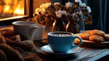 ai generato un' caffè tazza di caffè con alcuni biscotti e biscotti su esso Il prossimo per un' il camino, foto