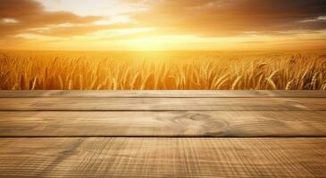 ai generato di legno tavolo su sfondo di un' Grano campo e tramonto, foto