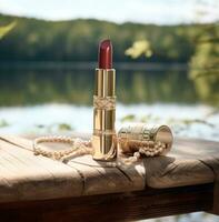 ai generato un' rossetto è mostrato seduta su un' di legno panchina accanto un' naturale lago, foto