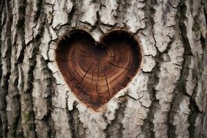 ai generato della natura abbraccio a forma di cuore nodo su un' albero tronco foto