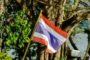 Due tailandese bandiere siamo volante nel il vento vicino un' corpo di acqua foto