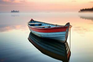 ai generato solitario di legno barca su lago con riflessi nel acqua a alba foto