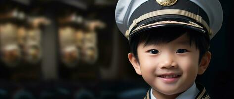ai generato ritratto di giovane asiatico ragazzo indossare pilota uniforme foto