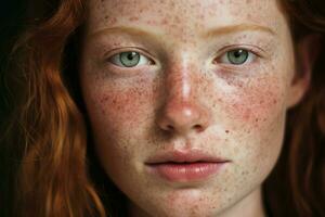 ai generato un' vicino su di un' donna con lentiggini, rosacea couperose arrossamento pelle foto