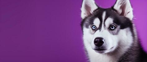 ai generato un' avvicinamento ritratto di un' rauco cane con blu occhi e un' viola sfondo foto