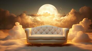 ai generato generativo ai, d'oro e bianca fantastico 3d nuvole con divano nel il cielo. dolce colori e con luminosa luci. foto