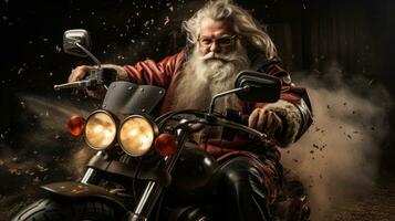 ai generato Santa su motocicletta con grande cattivo. foto