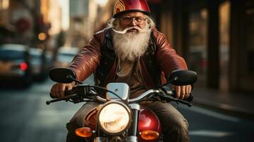 ai generato Santa su motocicletta con grande cattivo. foto