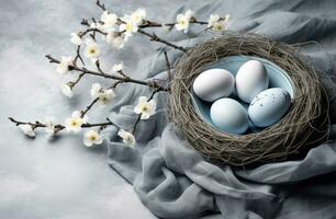 ai generato Pasqua uova nel un' nido su un' calcestruzzo sfondo, foto