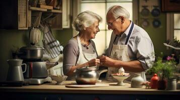 ai generato anziano coppia cucinando prima colazione insieme nel loro accogliente cabina cucina foto