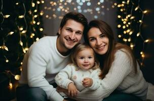 ai generato giovane contento famiglia su Natale vigilia foto