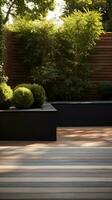 ai generato minimalista giardino design con un' Impressionante di legno ponte foto