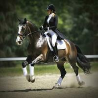 ai generato un' bellissimo tiro di un' cavallo e ciclista nel pieno dressaggio insegne regali, esecuzione un' Perfetto saltare foto