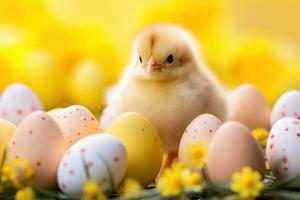 ai generato un' giocoso sfondo con luminosa giallo Pasqua pulcini e colorato uova, foto