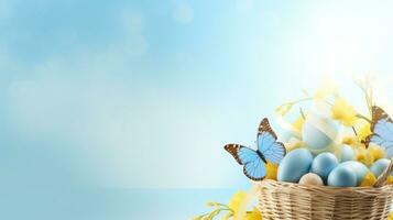 ai generato Pasqua cestino pieno con uova e svolazzanti farfalle, impostato contro un' leggero blu sfondo foto