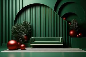 ai generato Natale palcoscenico su verde sfondo con Natale i regali, foto