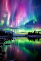 ai generato vivace colori di il settentrionale luci, con verde e viola tonalità danza attraverso il cielo. foto