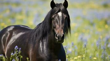 ai generato un' Impressionante nero cavallo con lucido cappotto e penetrante occhi, in piedi nel un' campo di fiori selvatici foto